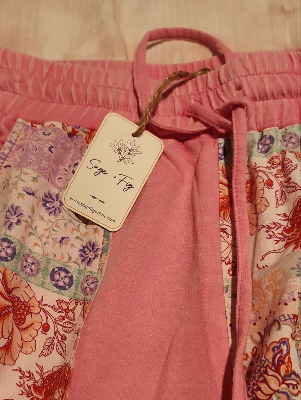 Pink Patchwork Wide-Leg Drawstring Pants - Picture 3 of 6